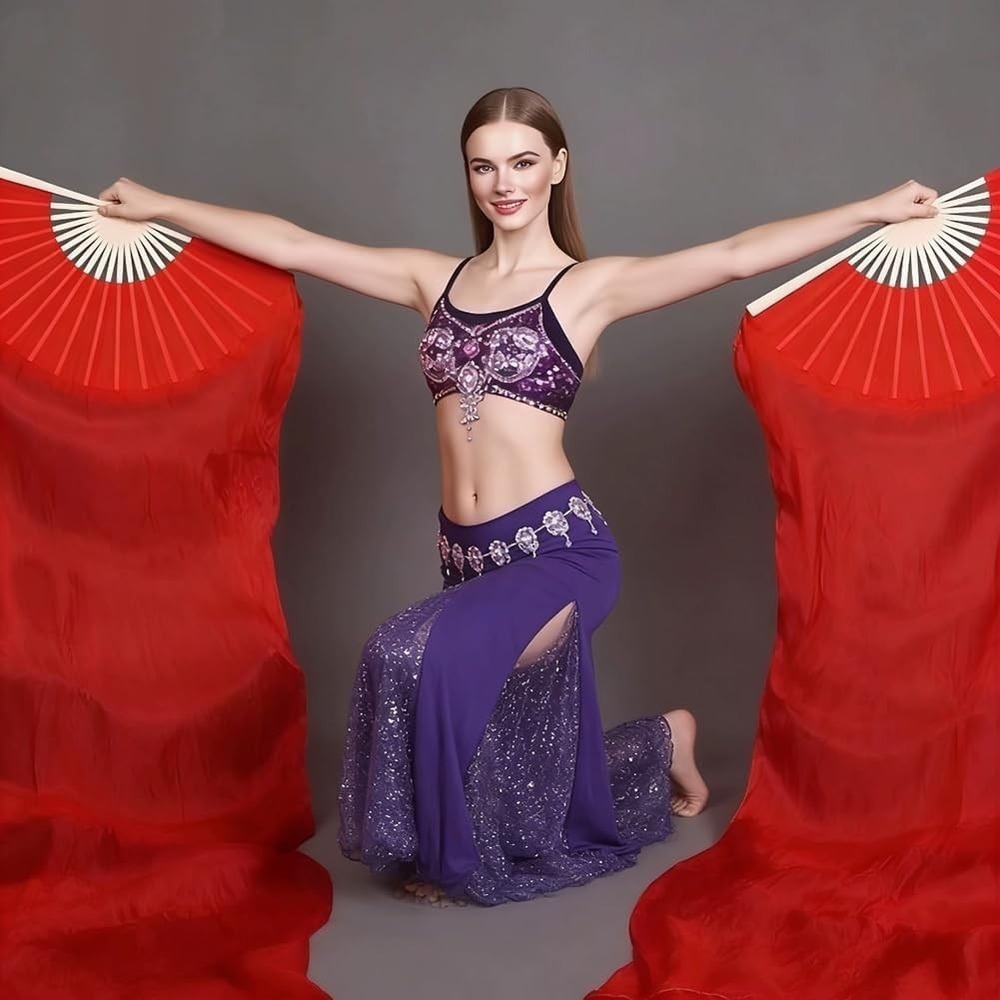 Women Chinese Belly Dance Silk Fan Veils (Left+Right) 1 Pair Long Fans for Dance - Picture 3 of 5